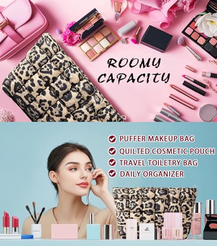 Puffy Quilted Makeup Bag for Women, Cosmetic Bag, Travel Toiletry Organizer Pouch Clutch (Brown Leopard) - color: Brown Leopard