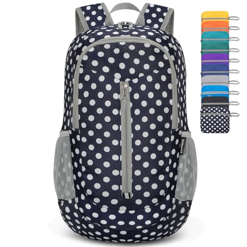 ZOMAKE Ultra Lightweight Packable Backpack 25L - Foldable Hiking Backpacks Water Resistant Small Folding Daypack for Travel(Navy Blue,White polka dots) - color: Navy Blue,white Polka Dots