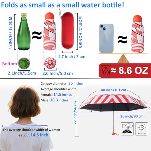BAODINI Travel Essentials Mini Umbrella for Purse With Case Small Compact UV Sun Protection Lightweight Tiny Pocket Manual Open Close Umbrella for Women Kids and Men Fits Purse Backpack - color: H-1-red stripes