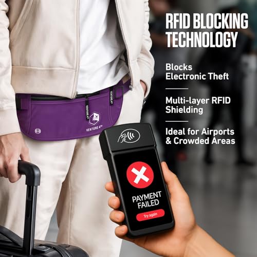 VENTURE 4TH Money Belt for Travel – Slim Hidden Under-Clothes RFID Blocking Anti-Theft Passport Holder & Travel Wallet Pouch for Men & Women to Protect Cash, Cards & Documents (Purple) - color: Purple