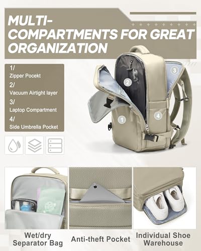 suwasp Vacuum Compression Backpack, 40L Expandable Travel Backpack with Electric Vacpack Pump, Travel Vacuum Bags with Shoe Compartment/15.6inch Laptop Compartment/USB Port, Khaki - color: Khaki, size: Medium