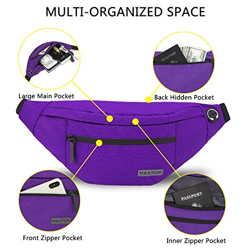 MAXTOP Large Crossbody Fanny Pack with 4-Zipper Pockets,Gifts for Enjoy Sports Festival Workout Traveling Running Casual Hands-Free Wallets Waist Pack Phone Bag Carrying All Phones - color: Violet, style: Large Fanny Pack(4 Zipper Pockets)