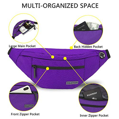 MAXTOP Large Crossbody Fanny Pack with 4-Zipper Pockets,Gifts for Enjoy Sports Festival Workout Traveling Running Casual Hands-Free Wallets Waist Pack Phone Bag Carrying All Phones - color: Violet, style: Large Fanny Pack(4 Zipper Pockets)