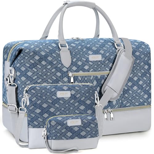 ITIEZY Weekender Overnight Bag for Women - Large Travel Duffel Bag with Shoe Compartment, Gym Duffel Bag Hospital Bag Carry On Tote Bags for Airplanes with Crossbody Bag Toiletry Bag 3Pcs Set - color: 8a-Light blue