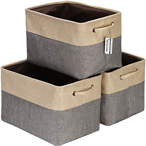 Sea Team 3-Pack Large Storage Basket Set, Trunk Organizer, Clothes Toys Bin, 15 x 10 x 10 Inches, Big Rectangular Canvas Fabric Collapsible Shelf Box with Handles for Kids Room (Grey/Beige) - color: Grey/Beige, size: Medium/15 x 10 x 10"