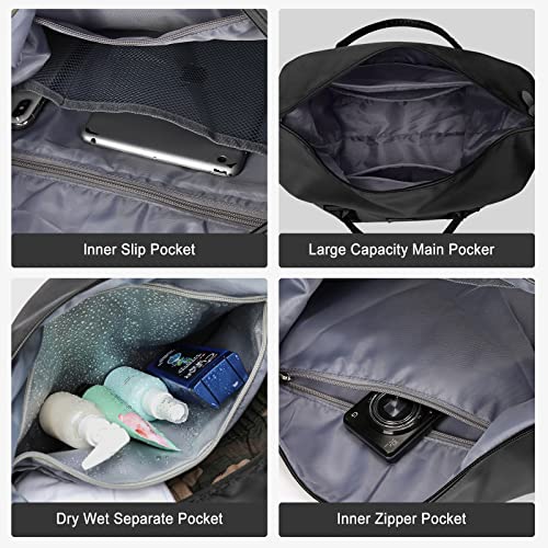 Sport Travel Duffle Bag Large Gym Tote Bag for Women, Weekender Bag Carry on Bag for Airplane, Ladies Beach Overnight Luggage Bag with Wet Pocket Black Large - color: Black with Brown Handle