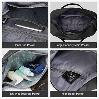 Sport Travel Duffle Bag Large Gym Tote Bag for Women, Weekender Bag Carry on Bag for Airplane, Ladies Beach Overnight Luggage Bag with Wet Pocket Black Large - color: Black with Brown Handle