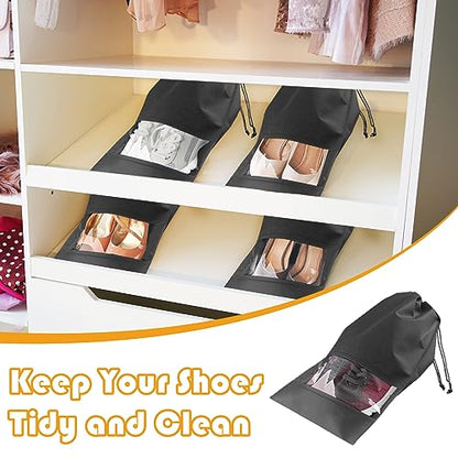 Large Black Travel Shoe Bags - 10 Pcs with Clear Window, Non-Woven Drawstring, 12.6" X 17.3" for Men Women - color: Black, style: 10 Pack