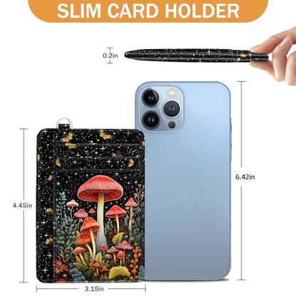 Yonlevres Mushroom Credit Card Holder Slim Wallet, RFID Wallet Women Front Pocket Small Card Holder, Travel Funny Cute Thin Card Case with ID Window PU Leather RFID Blocking Card Organizer Gifts Girls - color: Mushroom
