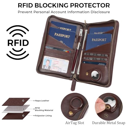 Polare Full Grain Leather Passport Holder Cover Case for Men and Women RFID Blocking Family Travel Wallet Holds 6 Passports - color: Coffee with AirTag Slot