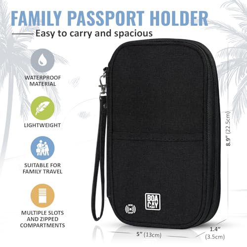 BOACAY Travel Document Organizer with RFID, Family Passport Holder, Wallet for Women & Men, Portable & Waterproof Case for Cards, Boarding Pass, Money - color: Sapphire Black