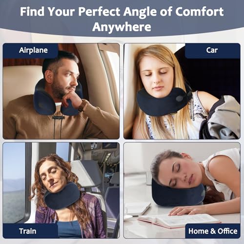 Travel Pillow, Memory Foam Neck Pillow for Airplane, Ergonomic Neck Support with Washable & Breathable Cover, Includes Eye Mask, Earplugs & Compact Bag for Long Flights, Cars, Home & Office