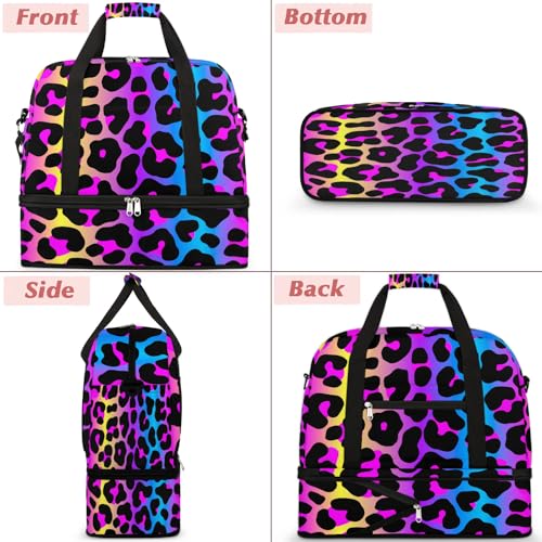 Travel Duffle Bags With Shoes Compartment for Women Men Rainbow Cheetah Leopard Print Lightweigh Sports Tote Gym Bag Foldable Canvas Weekender Overnight Carry On Luggage Handle Bag - color: A05:Rainbow Cheetah Leopard
