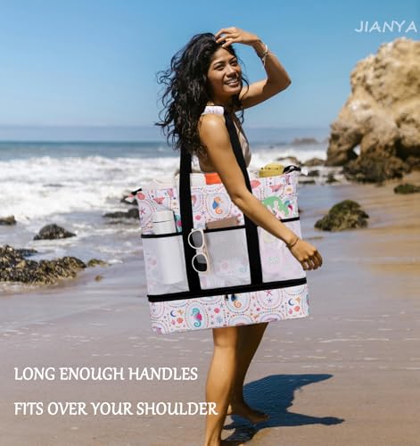 JIANYA Beach Bag Women Waterproof Sandproof Beach Tote Bags with Cooler Top Zipper Large Totes for Pool Travel Daily - color: Ocean Party-beige