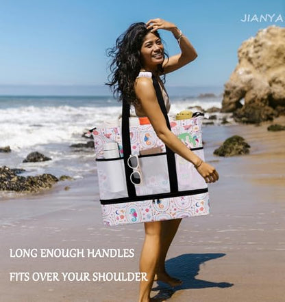 JIANYA Beach Bag Women Waterproof Sandproof Beach Tote Bags with Cooler Top Zipper Large Totes for Pool Travel Daily - color: Ocean Party-beige