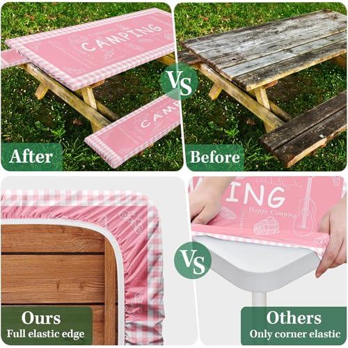 Picnic Table Cover with Bench Covers Elastic Edges, Pink Camper Fitted Table Cover, Outdoor Patio Camping Essentials 72 Inch 3PCS, Waterproof Camping Fitted Tablecloth with Drawstring Bag - color: Pink, size: 72in