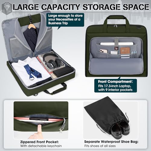 RAINSMORE Garment Bags for Travel Carry On Garment Bag for Hanging Clothes, Suit Bag for Business Trips with Shoes bag & Shoulder Strap, Waterproof Foldable Suit Luggage Bag for Men Women, Green - color: Green
