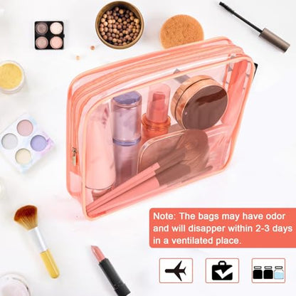 APREUTY Clear Makeup Bags, TSA Approved 6 Pcs Cosmetic Makeup Bags Set Clear PVC with Zipper Handle Portable Travel Luggage Pouch Airport Airline Vacation Organization (Peach) - color: Peach-6PCS (Large+Medium+Small)