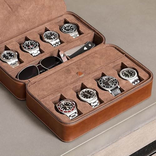 ROTHWELL 8 Watch Travel Case Storage Organizer for 8 Watches, Sunglasses, Rings & Cufflinks |Tough Portable Protection with Zipper Fits Most Wristwatches & Smart Watches Up to 50mm (Tan/Brown) - color: Tan/Brown