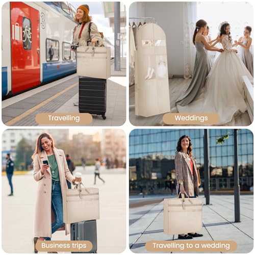 Wedding Dress Garment Bag,72" Tri-Fold Bridal Gown Bag with 6 Pouches and Adjustable Buckle Gown Cover for Wedding/Prom/Travel/Closet Storage (Beige) - color: Beige