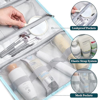 PAVILIA Hanging Toiletry Bag for Women Men, Large Foldable Toiletries Organizer with Hook, Water-Resistant Makeup Cosmetic Rollup Case, Clear Pockets for Bathroom, Gym, Cruise (Teal Chevron) - color: Teal Chevron