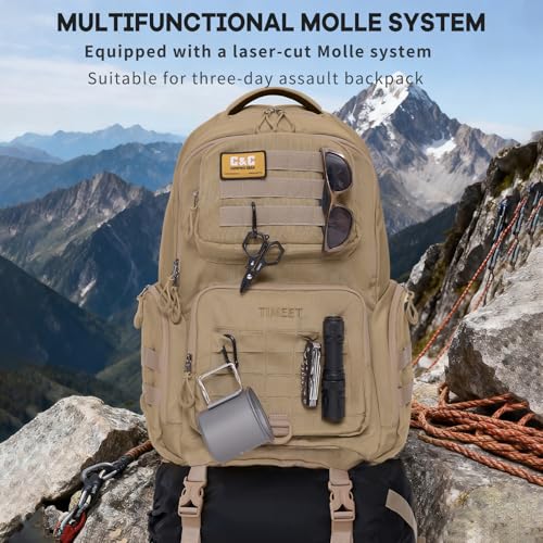 Timeet Tactical Backpack for Men, 21 Inch Khaki 40L Large Capacity, Laser Cut Molle Three Sided Opening, Water Resistant 17 inch Laptop Military Hiking 3 Day Assault Pack - color: Khaki