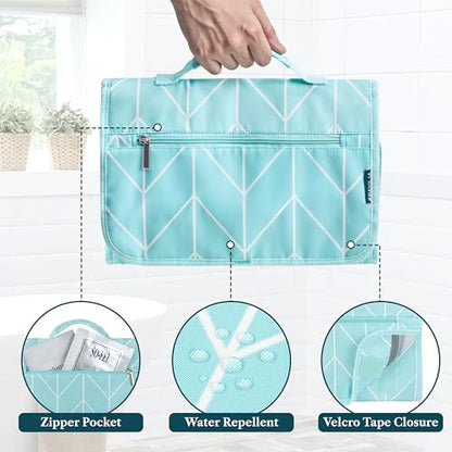 PAVILIA Hanging Toiletry Bag for Women Men, Large Foldable Toiletries Organizer with Hook, Water-Resistant Makeup Cosmetic Rollup Case, Clear Pockets for Bathroom, Gym, Cruise (Teal Chevron) - color: Teal Chevron