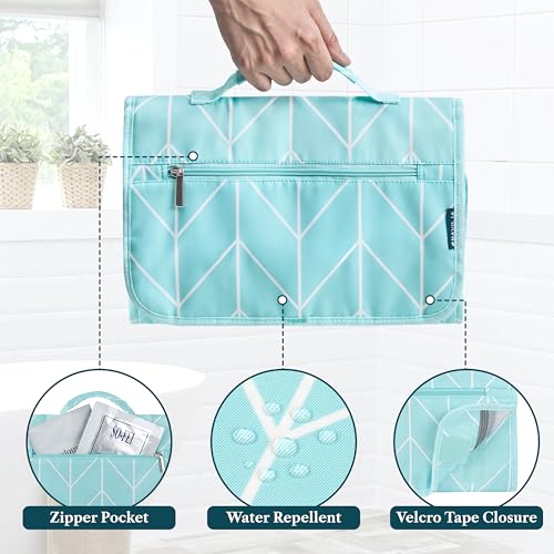PAVILIA Hanging Toiletry Bag for Women Men, Large Foldable Toiletries Organizer with Hook, Water-Resistant Makeup Cosmetic Rollup Case, Clear Pockets for Bathroom, Gym, Cruise (Teal Chevron) - color: Teal Chevron