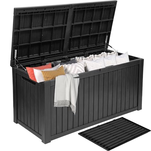 DWVO 220 Gallon Extra-Large Patio Deck Box, Waterproof Resin Outdoor Storage Box with Removable Divider for Patio, Garden, Pool, Furniture and Tools, Black - color: Black, size: 220 Gallon, style: Flat Lid w/Divider