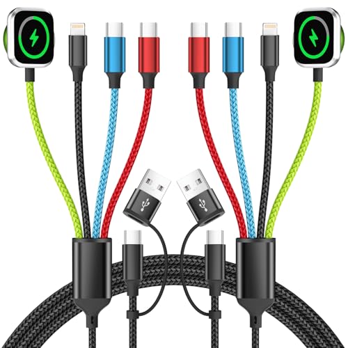 Travel Essentials Watch Charger, 4 in 2 Multi Charging Cable with Dual Type-C, USB A/C Travel Charger for Multiple Devices for iWatch Ultra/SE/11-2, iPhone 17-11, Galaxy S25-21, iPad (2PACK 5FT) - color: 2Pack-Green_Black_Blue_Red, style: Green iWatch Cha