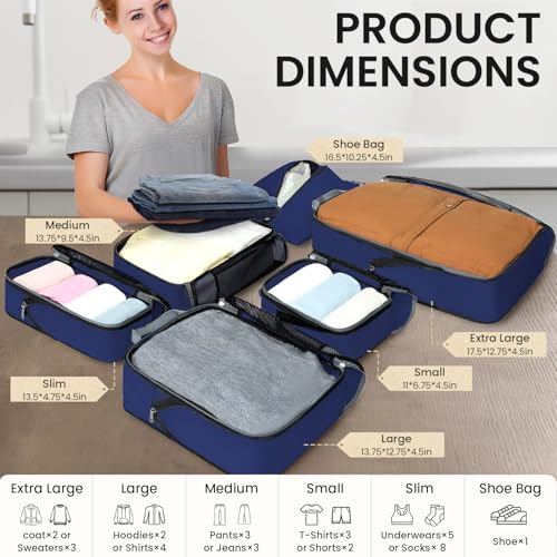 BAGAIL 4 Set/6 Set/8 Set Compression Packing Cubes Travel Accessories Expandable Packing Organizers (Half Mesh, 6-Navy) - color: 6-Navy, style: Half Mesh