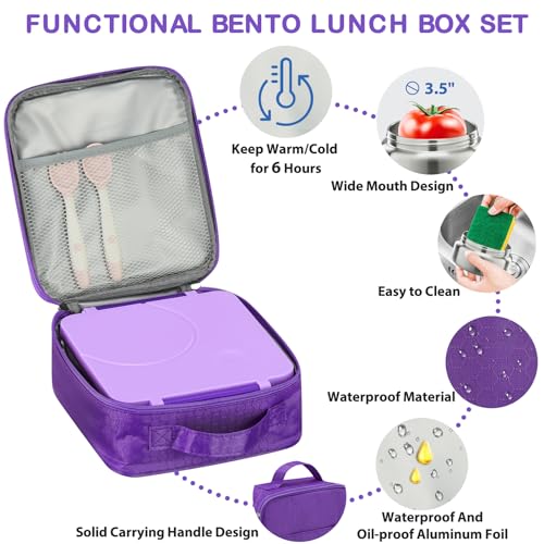 Bento Lunch Box Set for Kids with 8oz Soup Thermo, Leak-Proof Lunch Containers with 4 Compartment, Kids Thermo Hot Food Jar and Insulated Lunch Bag for Kid to School-Purple - color: Purple