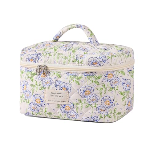 uekeboag Large Travel Quilted Makeup Bag for Women, Floral Cotton Cosmetic Bag, Coquette Aesthetic Floral Toiletry Organizer Bag - color: 02Blue-Flower