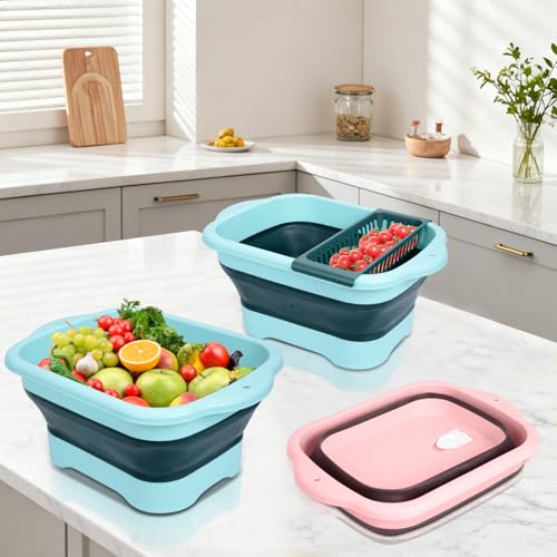 2-Pack Foldable Wash Basin for Vegetables,Collapsible Portable Sink Set in Pink & Green,Kitchen Storage Tray-Laundry,Dishes,Indoor,Outdoor,RV & Camping-Leak-Proof Drain Design