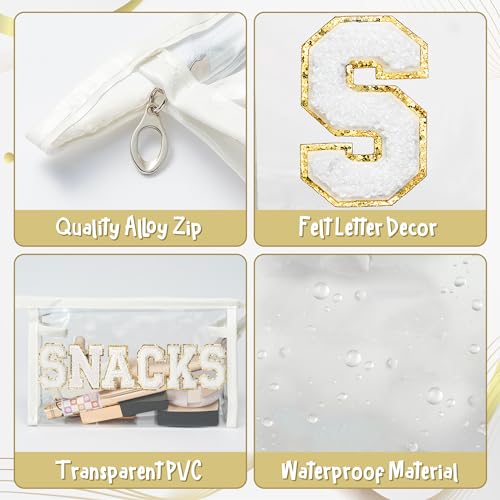 Y1tvei SNACKS Clear Makeup Bag - Preppy Patch White Chenille Varsity Letter Transparent PVC Large Cosmetic Pouch Portable Waterproof Travel Organizer Toiletry Compliant Carry Bag for Women Girl(White) - color: White SNACKS White