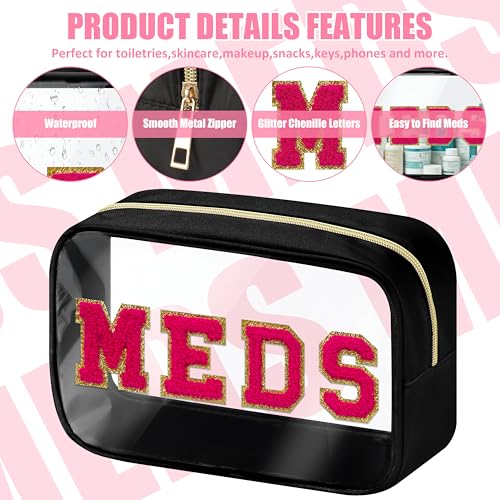 BuyCard Clear Meds Chenille Letter Nylon Makeup Bag - Portable Preppy Patch Cosmetic Toiletry Travel Storage Medicine Bag With Zipper for Women Girls Black - color: MEDS-Black, style: 1 Pcs-clear