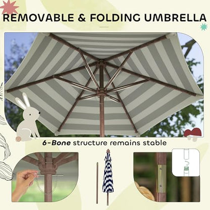Qaba Kids Picnic Table, Outdoor Wooden Table & Bench Set with Cushions and Umbrella, Children Backyard Furniture for Patio, Garden, Navy Blue