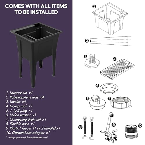 Freestanding Utility Sink with One Handle Black Faucet - 24" Plastic Utility Sink for Garage, Laundry, Indoor and Oudoor Use - Laundry Tub Kit by Noah William Home - Black (19.5 gal) - color: Black - One handle black faucet