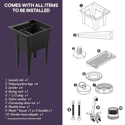 Freestanding Utility Sink with One Handle Black Faucet - 24" Plastic Utility Sink for Garage, Laundry, Indoor and Oudoor Use - Laundry Tub Kit by Noah William Home - Black (19.5 gal) - color: Black - One handle black faucet