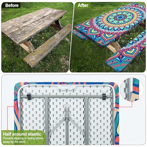 Picnic Table Cover with Bench Covers 6FT 3 Pcs Waterproof Windproof Aesthetic Camping Tablecloth with Drawstring Bag, Fitted for 6 Foot Rectangle Tables and Seats, 72 inch, Yellow Blue Orange - color: Yellow Blue Orange