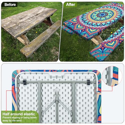 Picnic Table Cover with Bench Covers 6FT 3 Pcs Waterproof Windproof Aesthetic Camping Tablecloth with Drawstring Bag, Fitted for 6 Foot Rectangle Tables and Seats, 72 inch, Yellow Blue Orange - color: Yellow Blue Orange