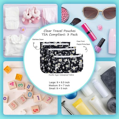 HIONXMGA TSA Approved Toiletry Bag, Set of 3 Clear Travel Toiletry Bag Quart Size Zipper Travel Pouch, Waterproof Makeup Cosmetic Bag for Women Men Kids Toiletries Carry on, Petals - color: Petals, Mixed Sizes