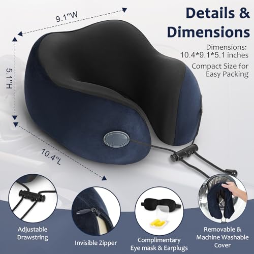 Travel Pillow, Memory Foam Neck Pillow for Airplane, Ergonomic Neck Support with Washable & Breathable Cover, Includes Eye Mask, Earplugs & Compact Bag for Long Flights, Cars, Home & Office