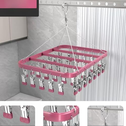 Pants Hangers Clothes Drying Racks Clip Hangers Metal with 36 Clips Windproof Underwear Hanger Foldable Laundry Clip for Jeans Yoga Leggings Trousers Socks Bras (Pink) - color: Pink