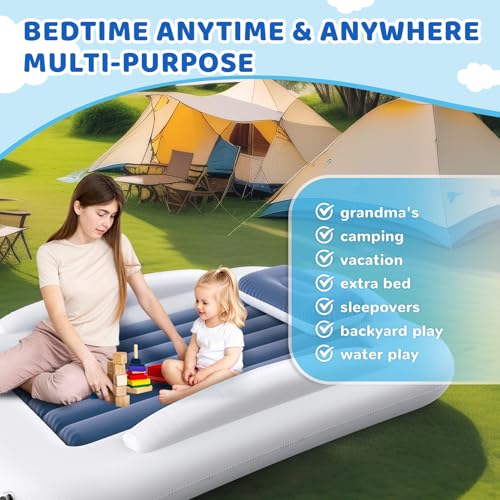 Inflatable Toddler Travel Bed - 60 Inches Portable Toddler Bed for Travel with Safety Sides - Cozy Kids Air Mattress Set with Built-in Electric Pump & Carry Case- Easy to Inflate - Sea Blue - color: Blue
