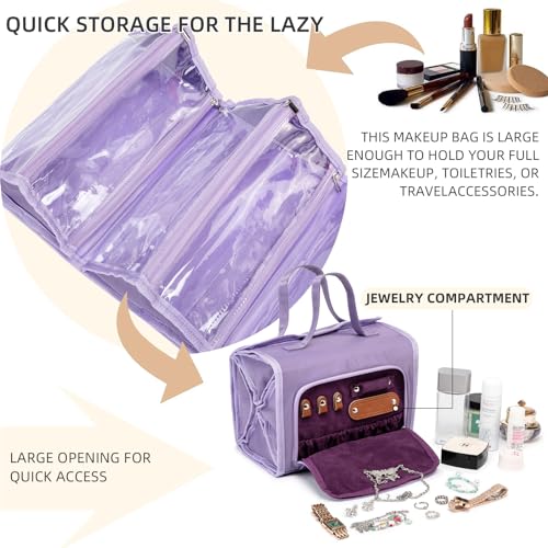 ROYALFAIR Roll Up Makeup Bag, Waterproof Toiletry Bag for Women, Hanging Travel Organizer bags with Jewelry Organizer Compartment, Extra Large 4 Clear TSA Approved Pouches Cosmetic Makeup (violet) - color: Purple
