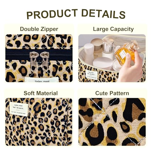 GISMTR 3Pcs Makeup Bag Cotton Quilted Travel Cosmetic Bag Cute Floral Makeup Pouch Large Toiletry Bag for Women Girls - color: Brown leopard print