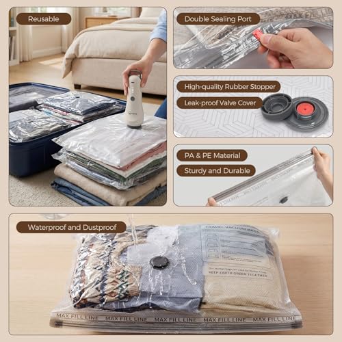 Travel Vacuum Bags for Clothes with Cordless Pump - 9 Pack Reusable Compression Packing, Save 80% Luggage for Suitcase Carry-On & Bedding (9 Combo Travel Size) - size: 9 Combo Travel Size