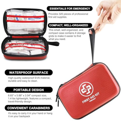 VRIEXSD Premium First Aid Kit, 320 Piece Waterproof Hard Shell Eva First Aid Kit for Home, Camping, Cars, Hiking, Travel, Businesses & Outdoor Emergencies - Emergency Medical Kits (Red) - color: Red