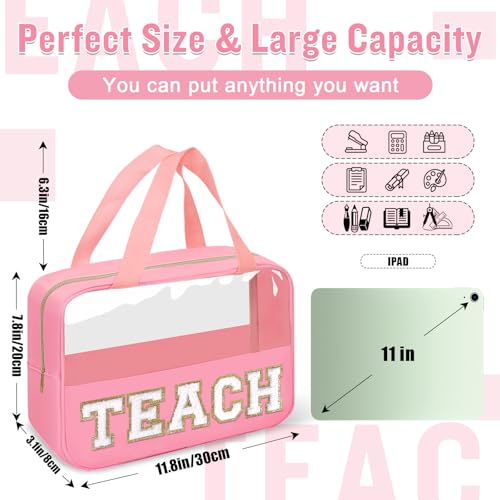 Teacher Appreciation Gifts Chenille Letter Clear Makeup Bag TEACH Pouch, Preppy Waterpoof Makeup Cosmetic Bag with Zipper Graduation Retirement Birthday Teacher Essentials Gifts for Women(TEACH-Pink) - color: TEACH-Pink
